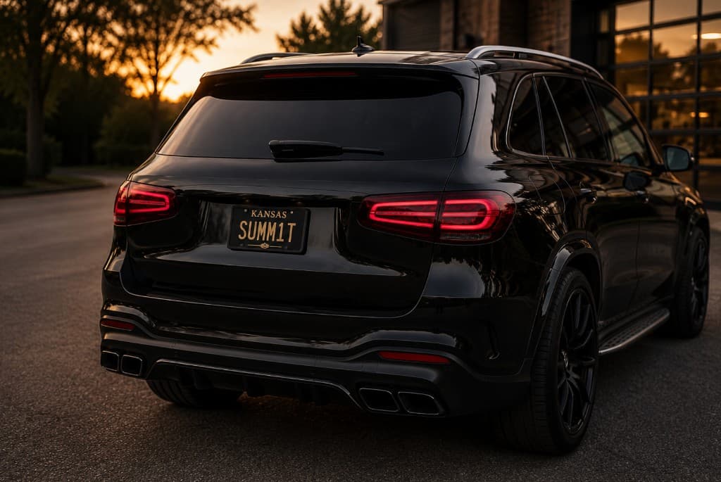 Black Mercedes SUV with SUMM1T plate showing rear glass at sunset — Summit Auto Glass back glass replacement
