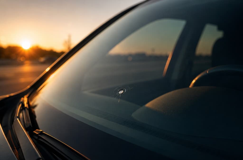 Close-up of a rock chip in a windshield at sunset — Summit Auto Glass rock chip repair