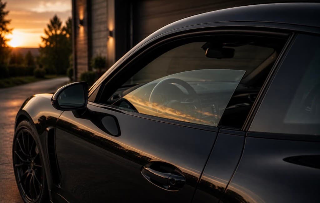 Black sports car with side window partially down at sunset — Summit Auto Glass window regulator replacement
